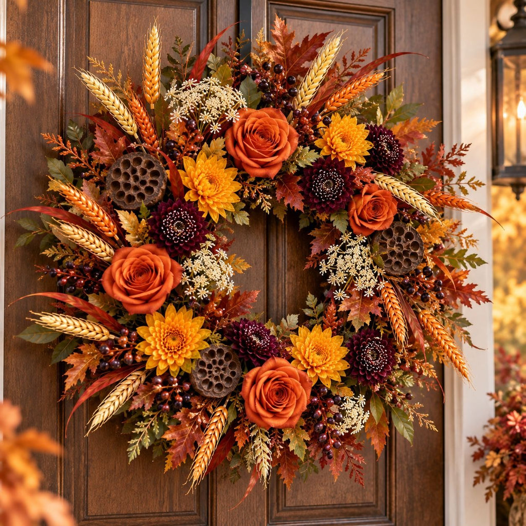 Faux Wheat Spray, 21 Inch, 10 Heads, Cream Orange Fall Decor