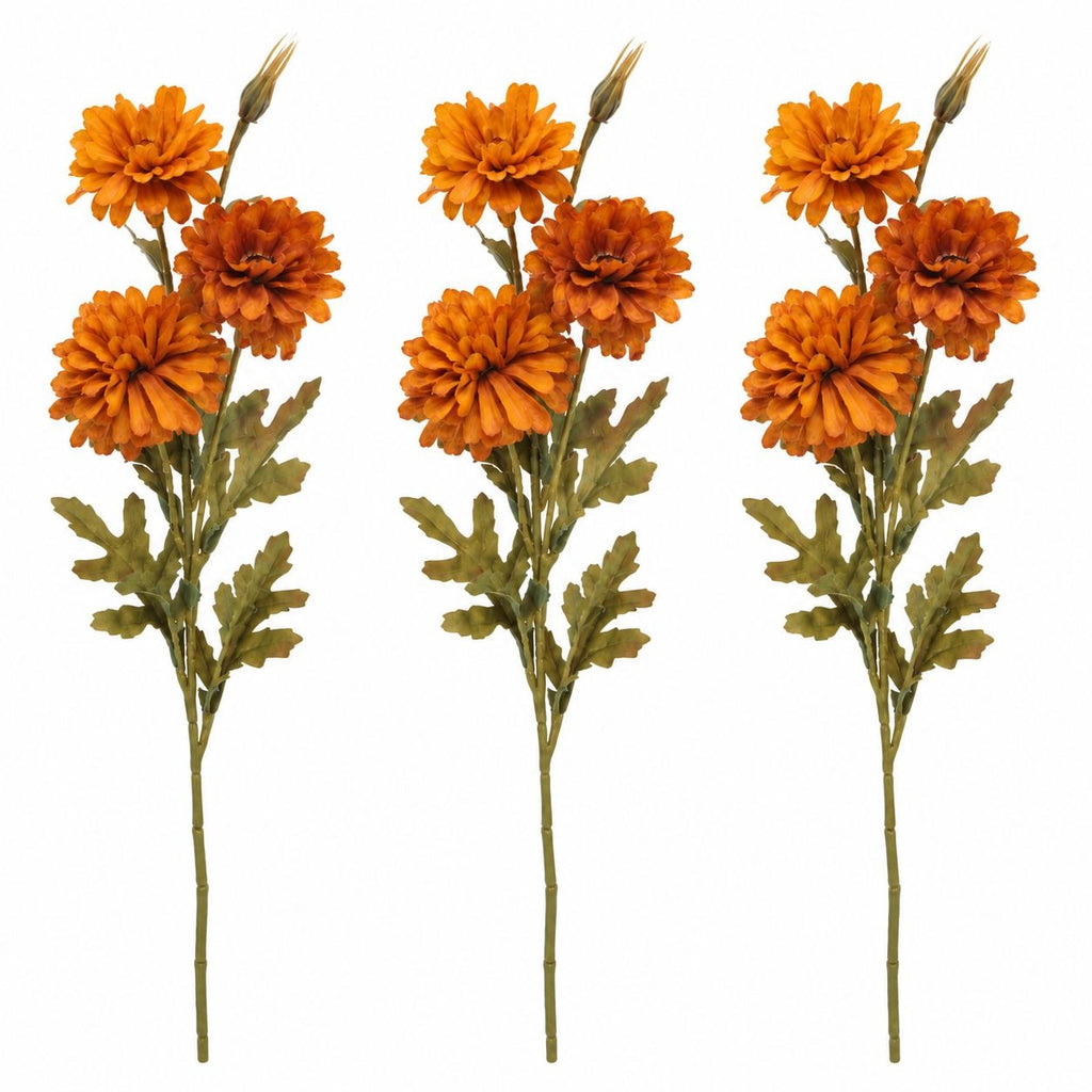 Rust Orange Artificial Mum Stems Set of 3, 21-Inch Faux Chrysanthemum