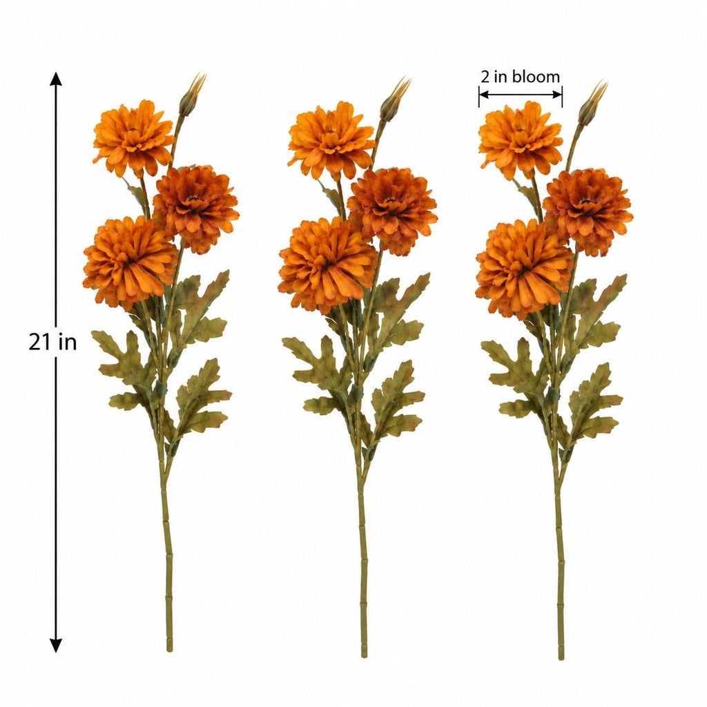 Rust Orange Artificial Mum Stems Set of 3, 21-Inch Faux Chrysanthemum