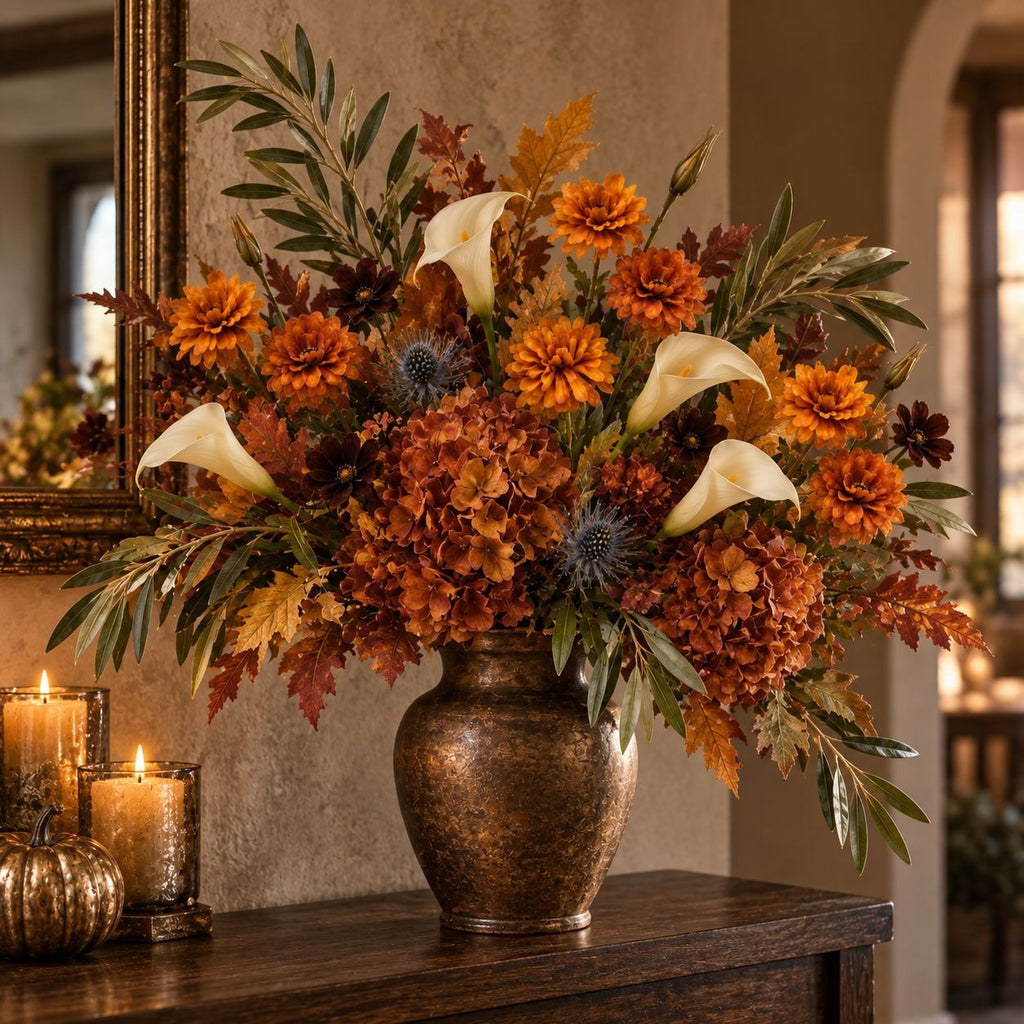 Rust Orange Artificial Mum Stems Set of 3, 21-Inch Faux Chrysanthemum