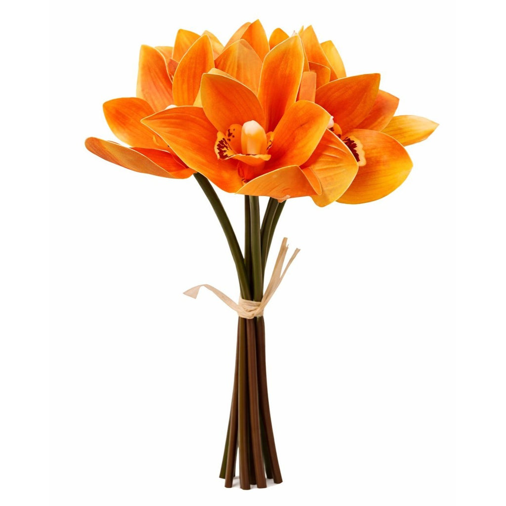 Orange Orchid Bouquet Real Touch Cymbidium Flowers 6 Stem Bundle