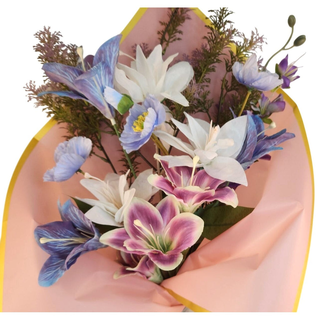Faux Flower Bouquet Home Decor Artificial Poppies and Lilies Pastel Floral Arrangement Gift Ready