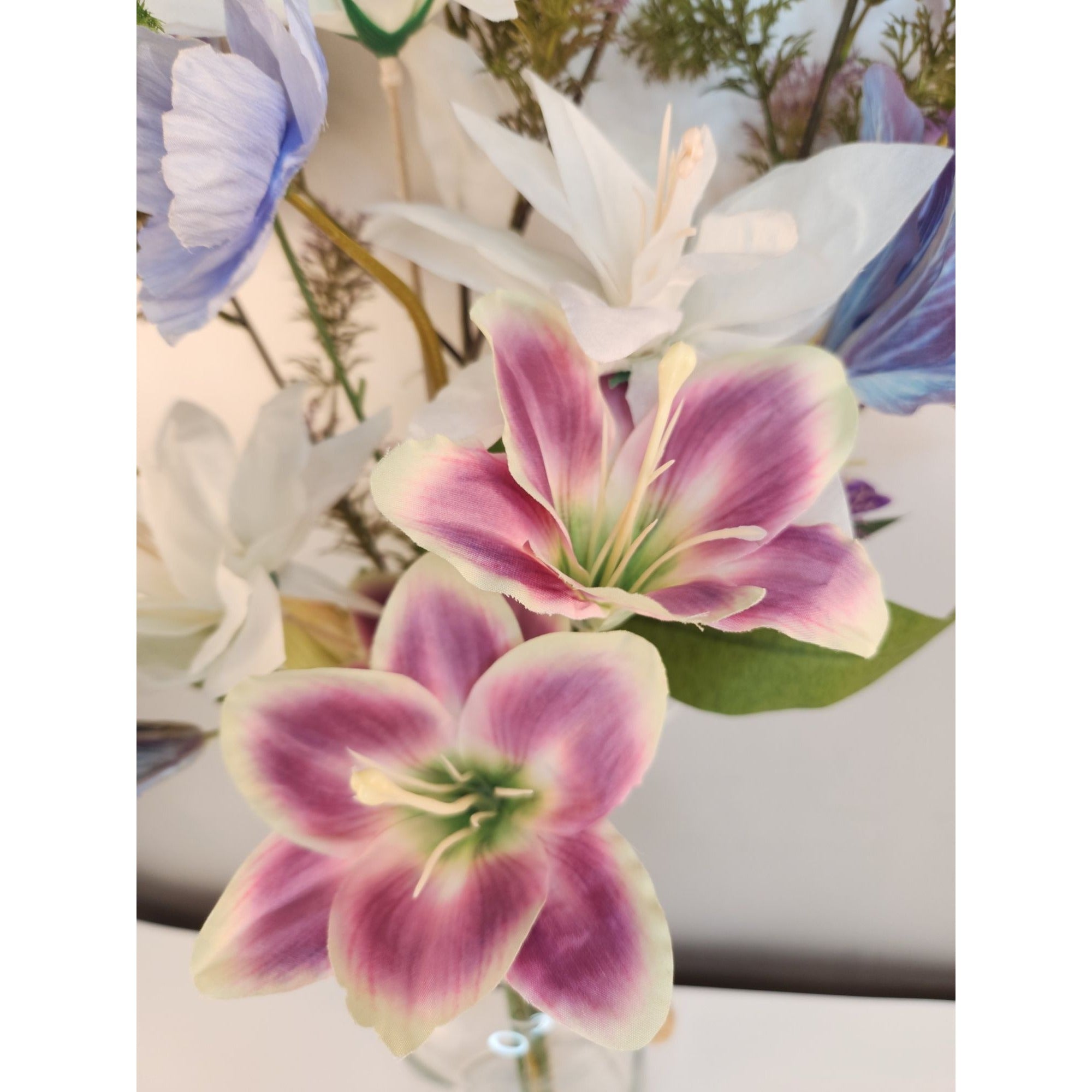 Faux Flower Bouquet Home Decor Artificial Poppies and Lilies Pastel Floral Arrangement Gift Ready