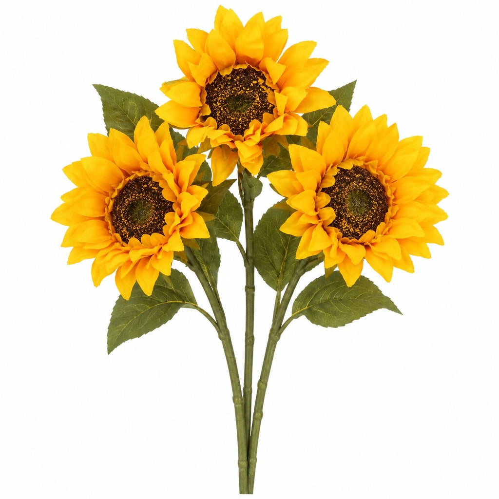 Yellow Artificial Sunflower Stems Set of 3, 17 Inch Faux Silk Fall Decor