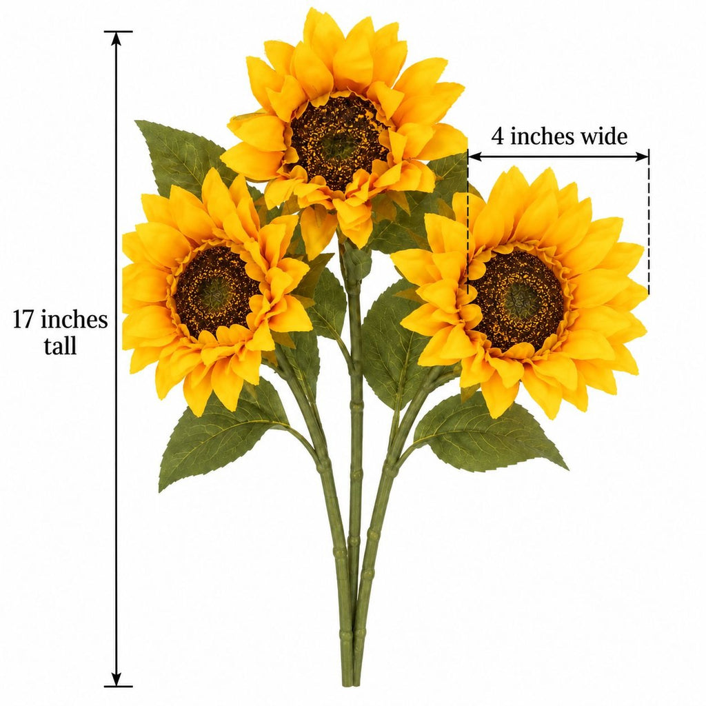Yellow Artificial Sunflower Stems Set of 3, 17 Inch Faux Silk Fall Decor