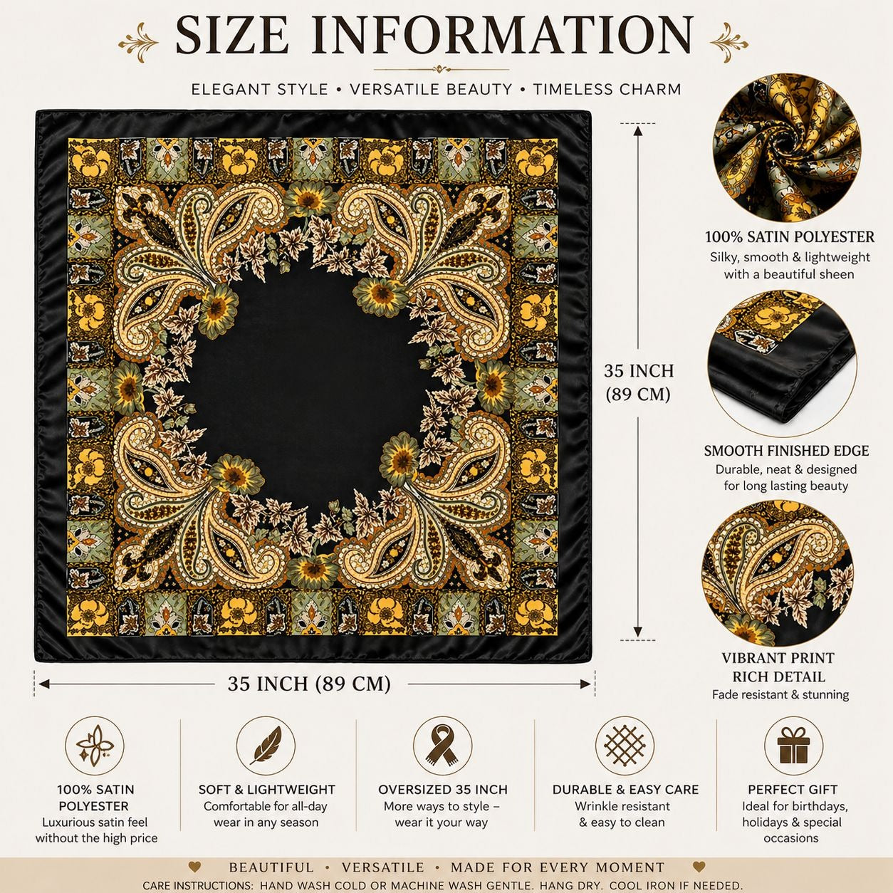 Product information card for a decorative square item with floral patterns and size details.