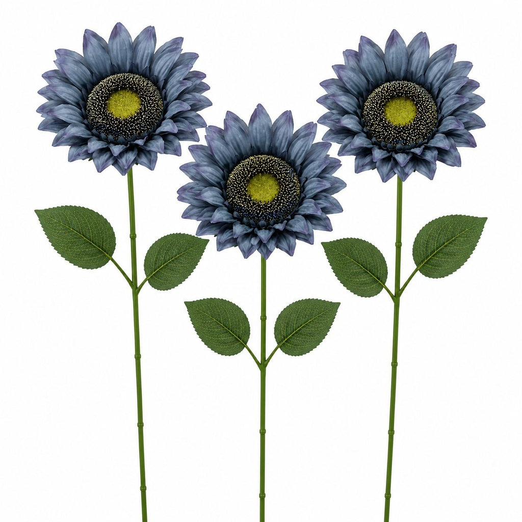 Blue Artificial Sunflower Stems Set of 3 Silk Faux Flowers 17 Inch Farmhouse Floral Stems for Wreaths Vases Centerpieces Wedding Decor
