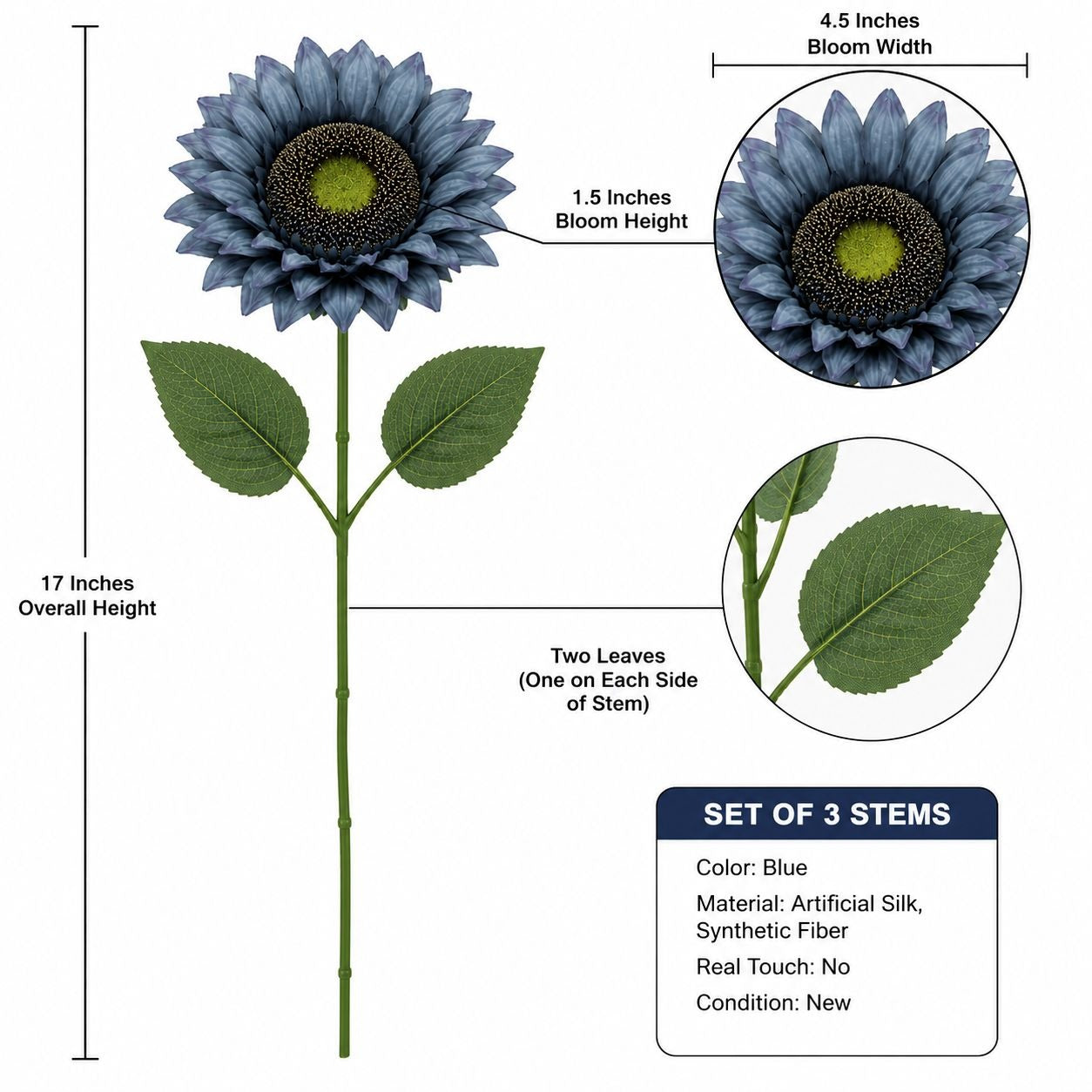 Blue Artificial Sunflower Stems Set of 3 Silk Faux Flowers 17 Inch Farmhouse Floral Stems for Wreaths Vases Centerpieces Wedding Decor