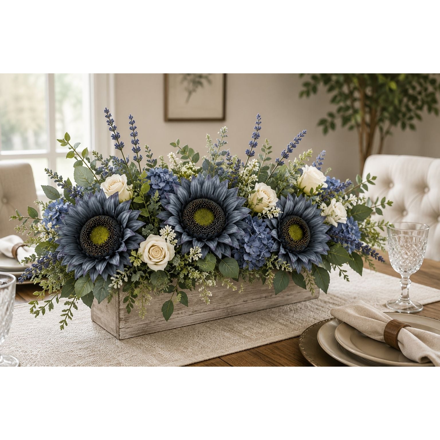 Blue Artificial Sunflower Stems Set of 3 Silk Faux Flowers 17 Inch Farmhouse Floral Stems for Wreaths Vases Centerpieces Wedding Decor