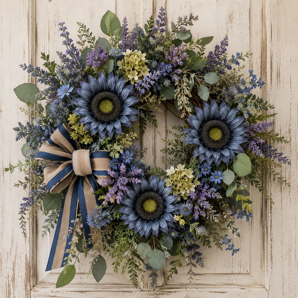 Blue Artificial Sunflower Stems Set of 3 Silk Faux Flowers 17 Inch Farmhouse Floral Stems for Wreaths Vases Centerpieces Wedding Decor