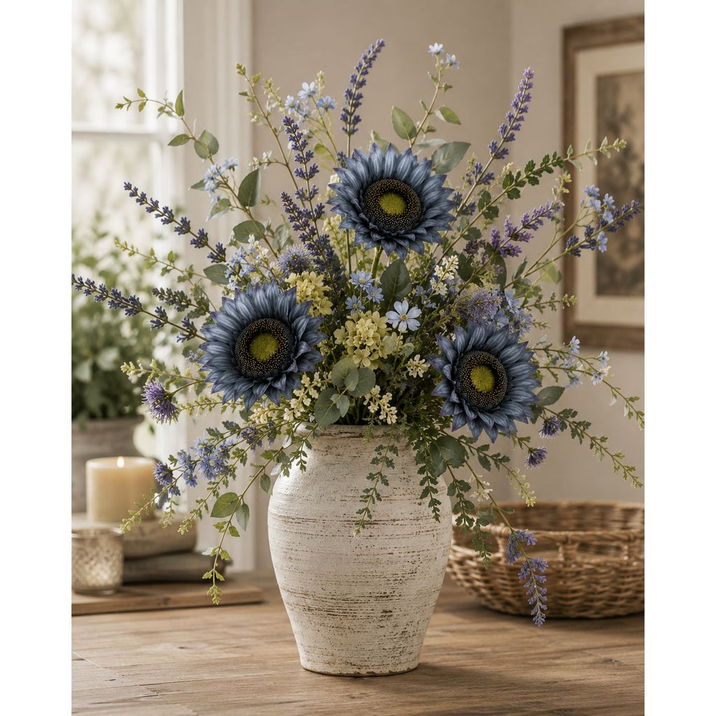 Blue Artificial Sunflower Stems Set of 3 Silk Faux Flowers 17 Inch Farmhouse Floral Stems for Wreaths Vases Centerpieces Wedding Decor