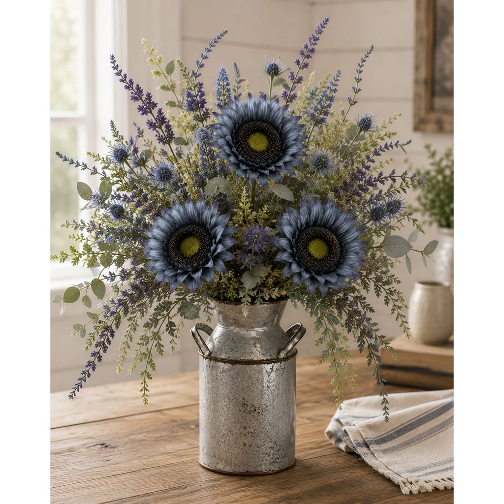 Blue Artificial Sunflower Stems Set of 3 Silk Faux Flowers 17 Inch Farmhouse Floral Stems for Wreaths Vases Centerpieces Wedding Decor