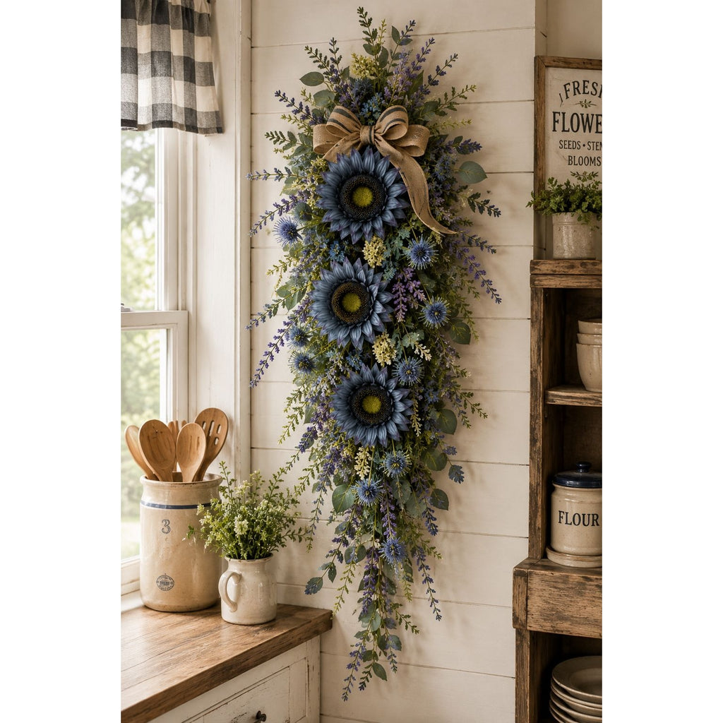 Blue Artificial Sunflower Stems Set of 3 Silk Faux Flowers 17 Inch Farmhouse Floral Stems for Wreaths Vases Centerpieces Wedding Decor