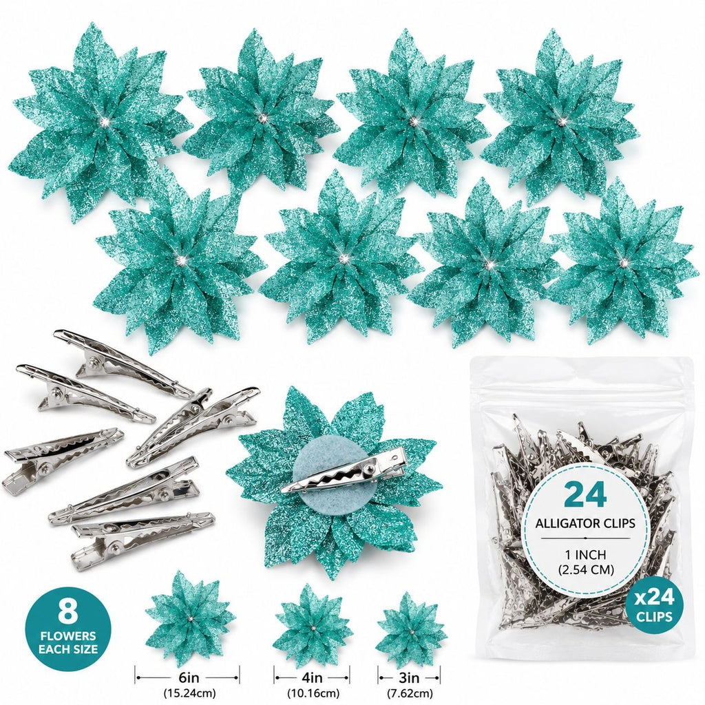 24 PCS Glitter Teal Poinsettia Christmas Tree Flowers Snowflake Holiday Floral Picks With Clips 3 Sizes Winter Wedding Decor