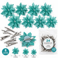 24 PCS Glitter Teal Poinsettia Christmas Tree Flowers Snowflake Holiday Floral Picks With Clips 3 Sizes Winter Wedding Decor