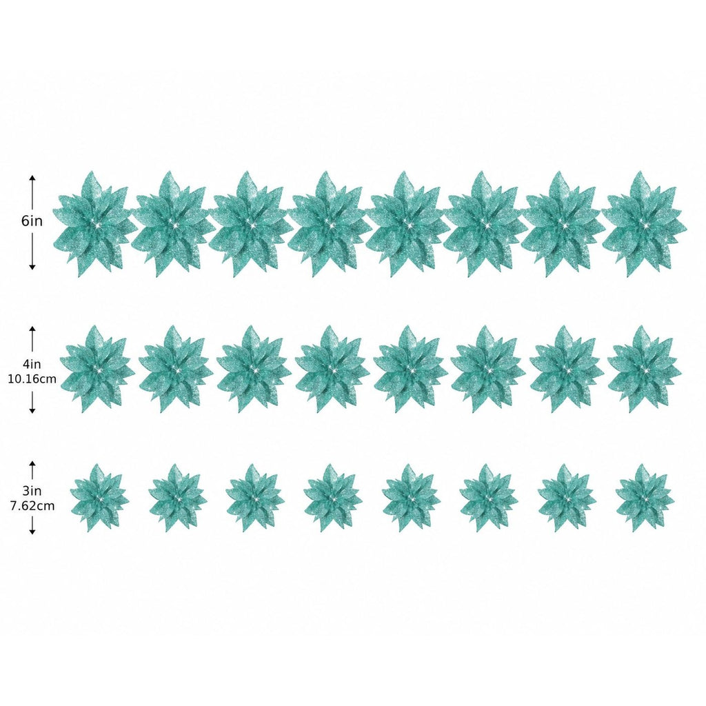 Teal decorative flowers with measurements on a white background