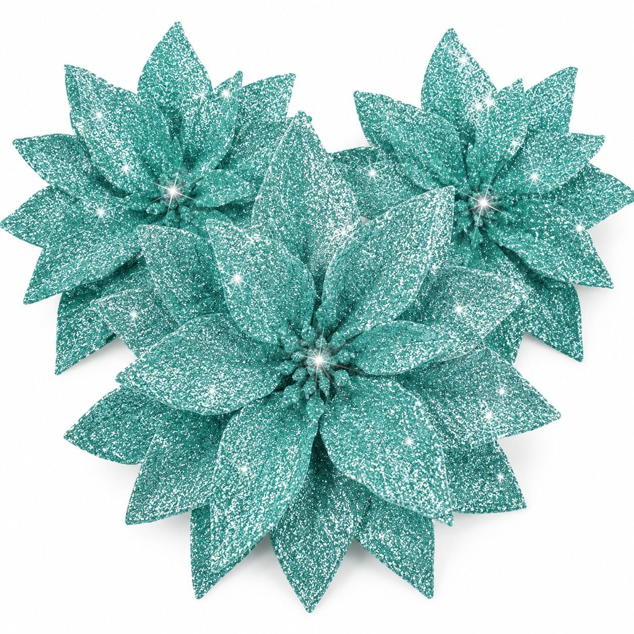 Three turquoise glittery poinsettia flowers on a white background