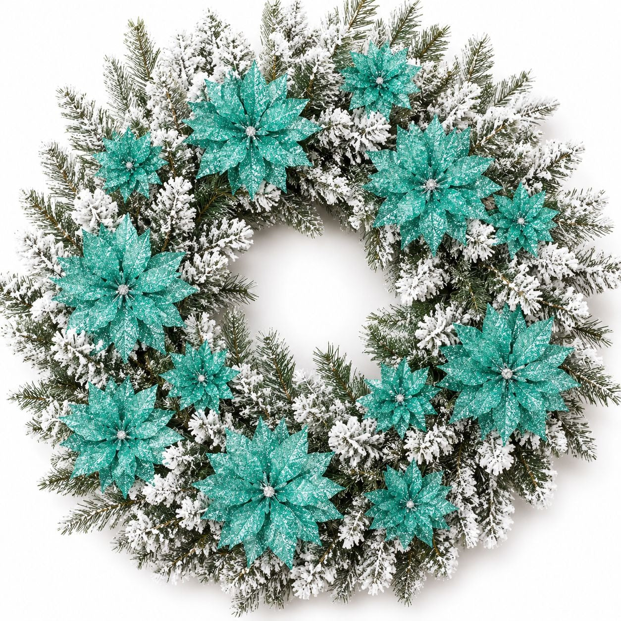 Christmas wreath with turquoise poinsettias and snowflakes on a white background