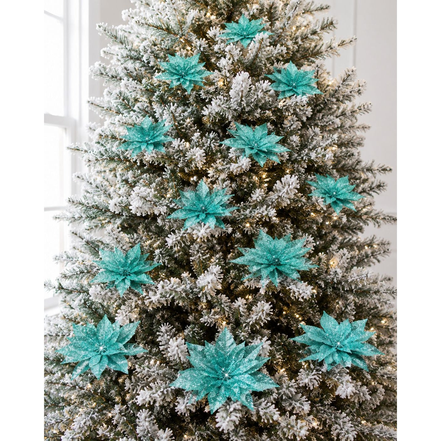 24 PCS Glitter Teal Poinsettia Christmas Tree Flowers Snowflake Holiday Floral Picks With Clips 3 Sizes Winter Wedding Decor