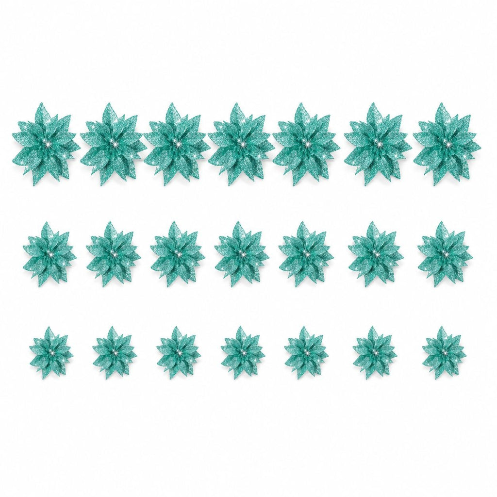 24 PCS Glitter Teal Poinsettia Christmas Tree Flowers Snowflake Holiday Floral Picks With Clips 3 Sizes Winter Wedding Decor