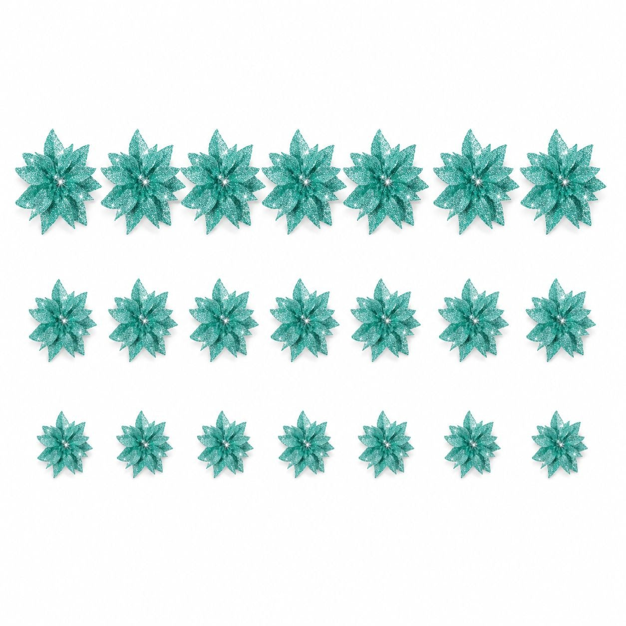 24 PCS Glitter Teal Poinsettia Christmas Tree Flowers Snowflake Holiday Floral Picks With Clips 3 Sizes Winter Wedding Decor