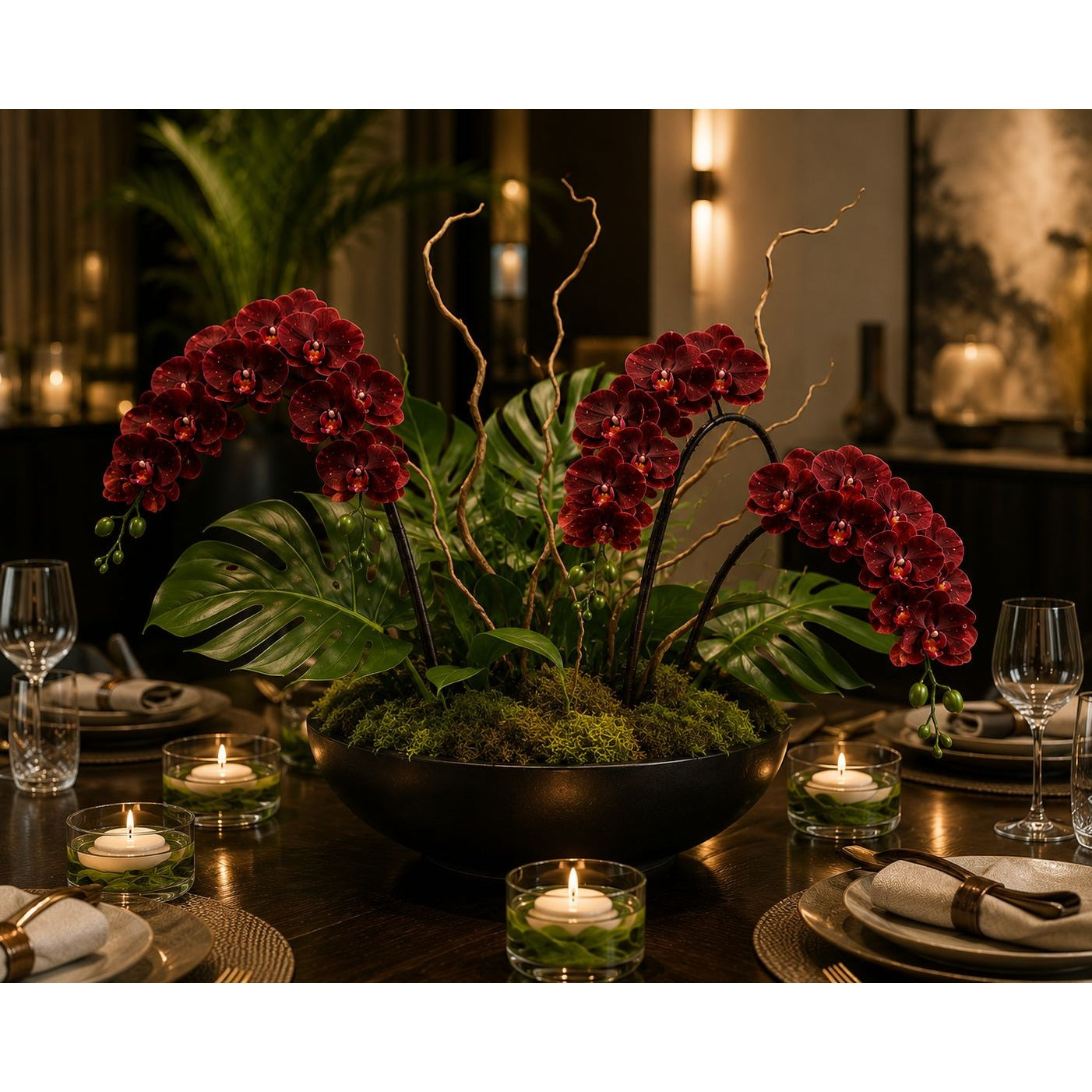 Real Touch Burgundy Orchid Stem 38 Inch Faux Phalaenopsis Orchid Luxury Artificial Flower Wedding Tropical Home Decor