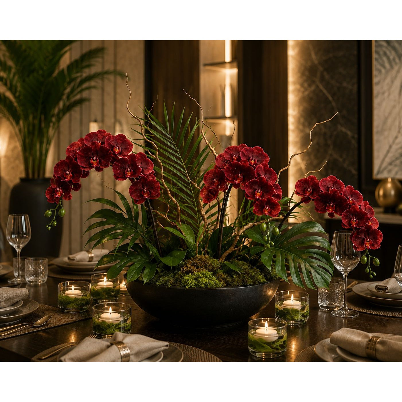 Real Touch Burgundy Orchid Stem 38 Inch Faux Phalaenopsis Orchid Luxury Artificial Flower Wedding Tropical Home Decor