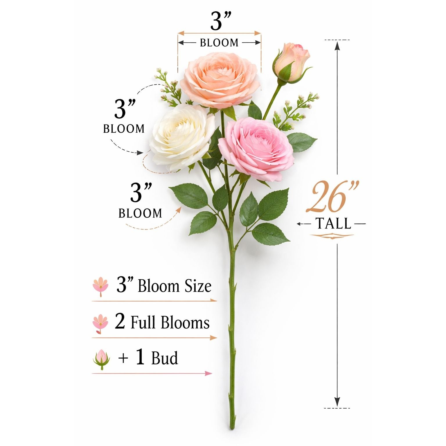 Artificial Roses Gift Bouquet White Pink Peach – 26 Inch Real Touch Rose Stems Wedding Flowers Mothers Day Gift