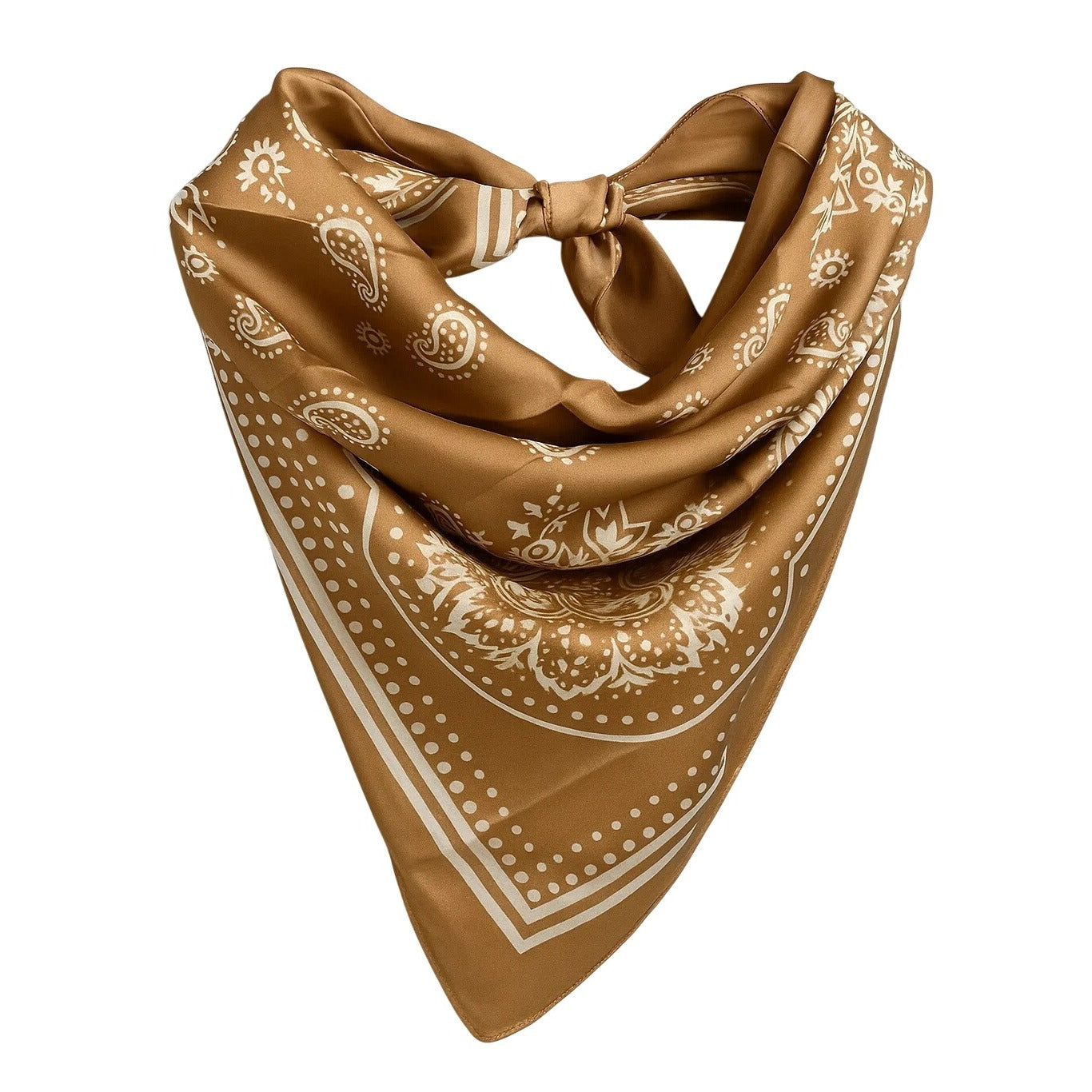Tan Paisley Square Scarf Wild Rag Bandana Print Satin Neck Head Wrap 27 in