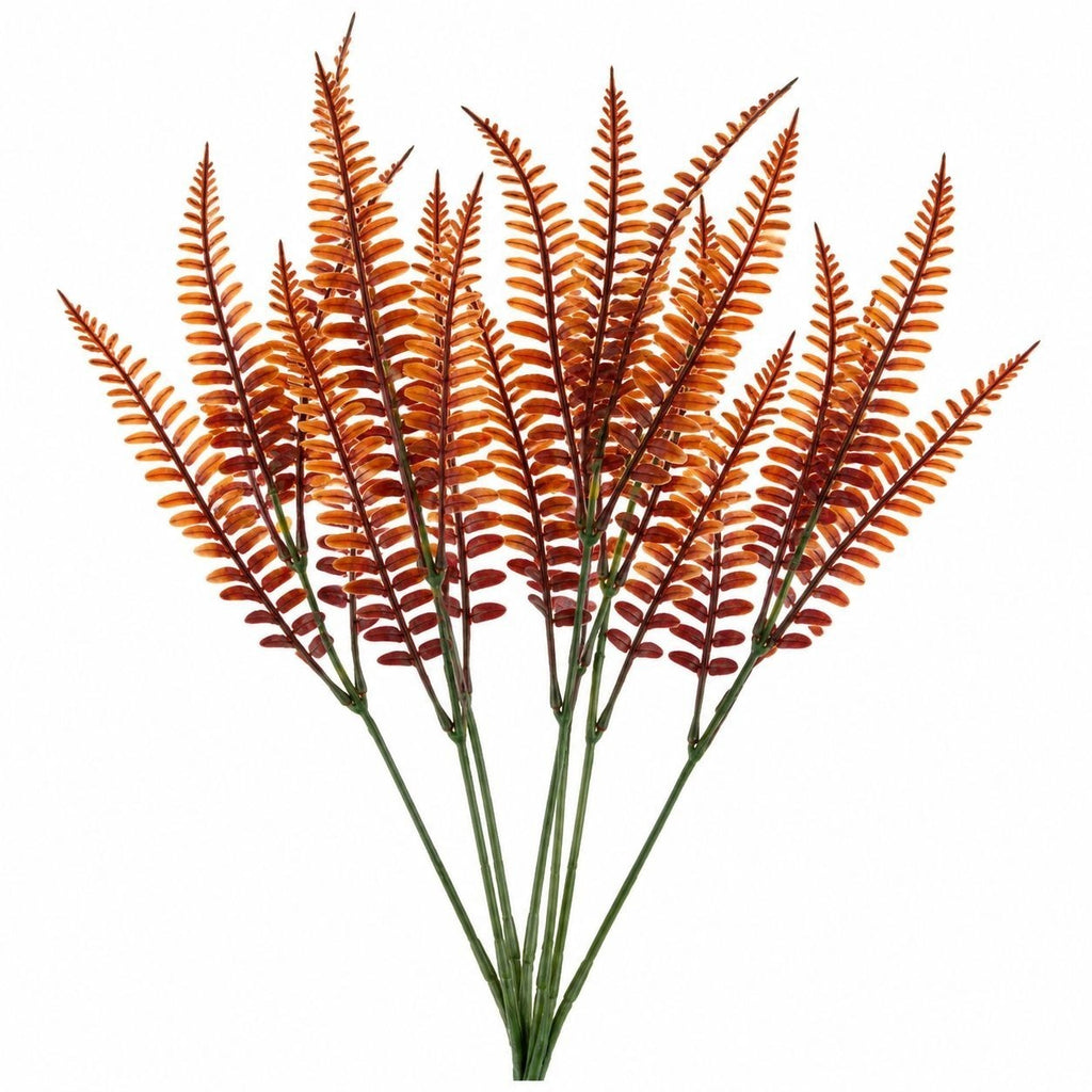 Artificial Fall Fern Stems, Set of 7, Orange Rust Burgundy, 15-Inch