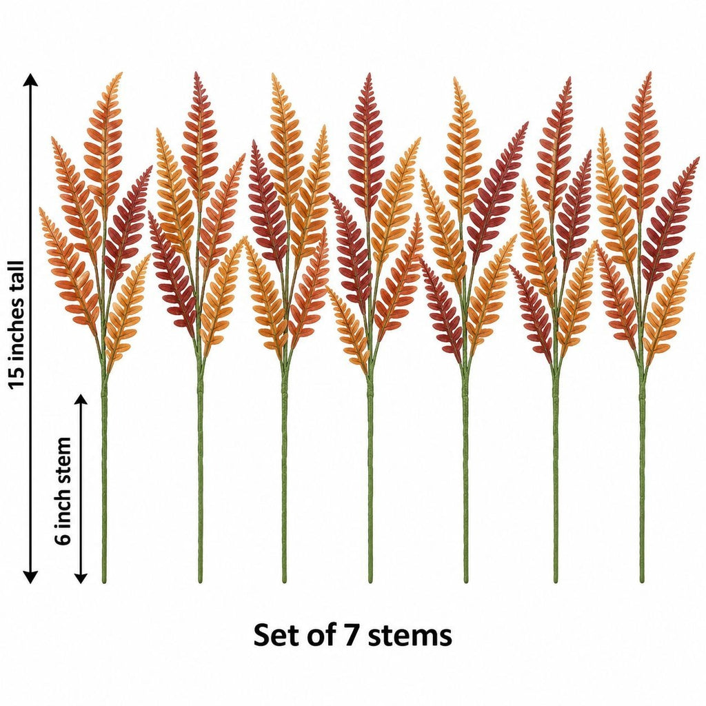 Artificial Fall Fern Stems, Set of 7, Orange Rust Burgundy, 15-Inch