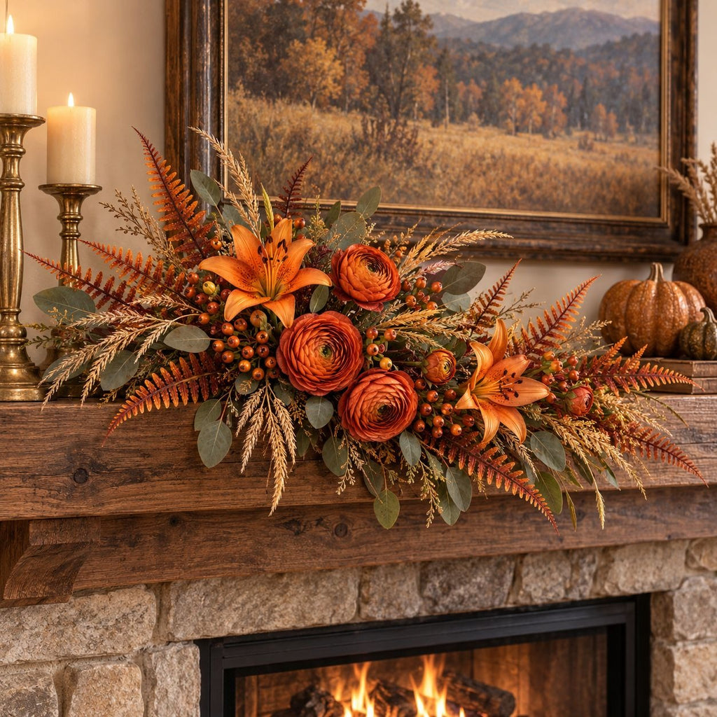 Artificial Fall Fern Stems, Set of 7, Orange Rust Burgundy, 15-Inch