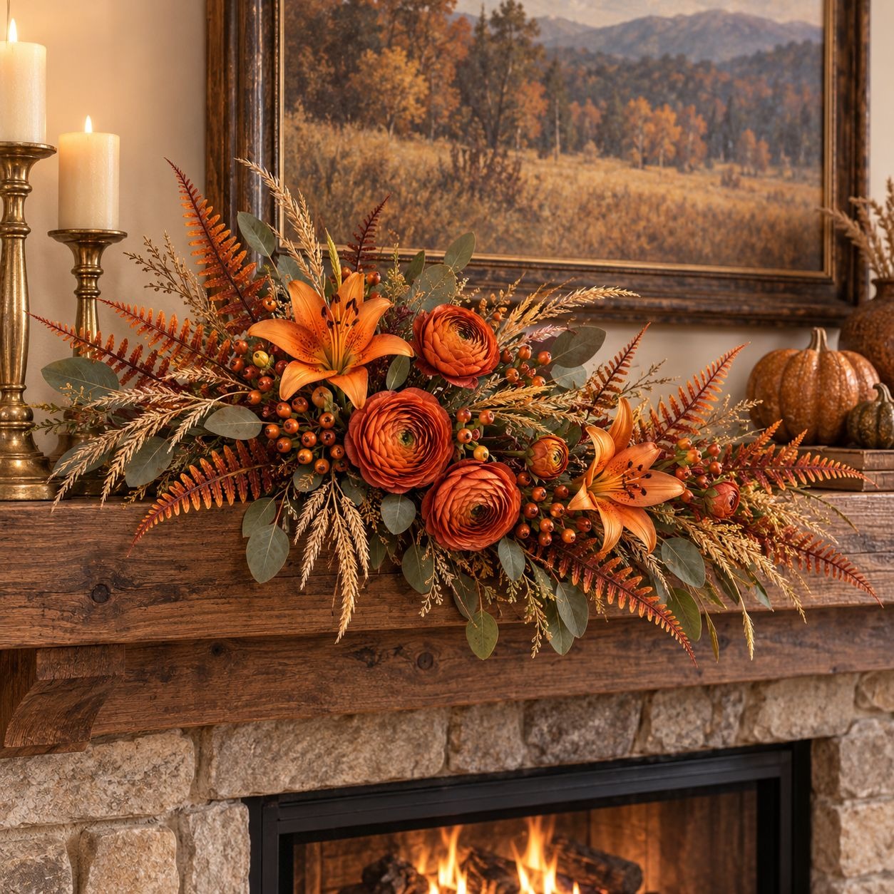 Artificial Fall Fern Stems, Set of 7, Orange Rust Burgundy, 15-Inch