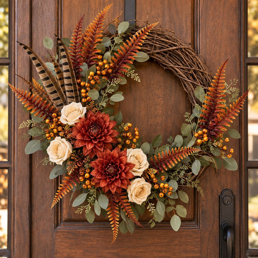 Artificial Fall Fern Stems, Set of 7, Orange Rust Burgundy, 15-Inch
