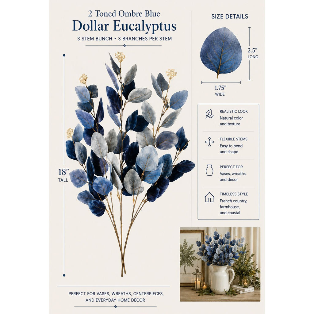 Blue Ombre Dollar Eucalyptus Stems Set of 2 | Faux Eucalyptus Branches | Artificial Greenery | Coastal French Country Decor