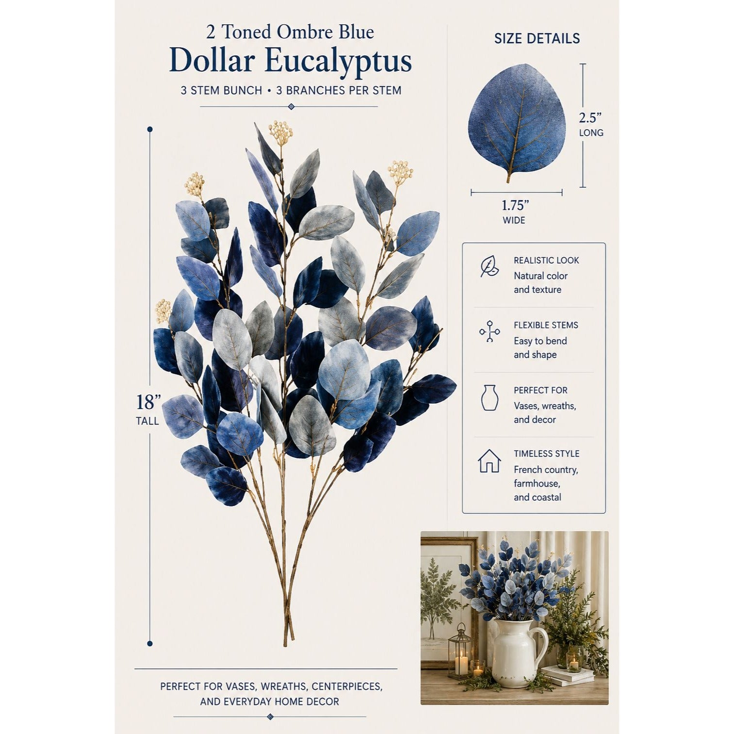 Blue Ombre Dollar Eucalyptus Stems Set of 2 | Faux Eucalyptus Branches | Artificial Greenery | Coastal French Country Decor