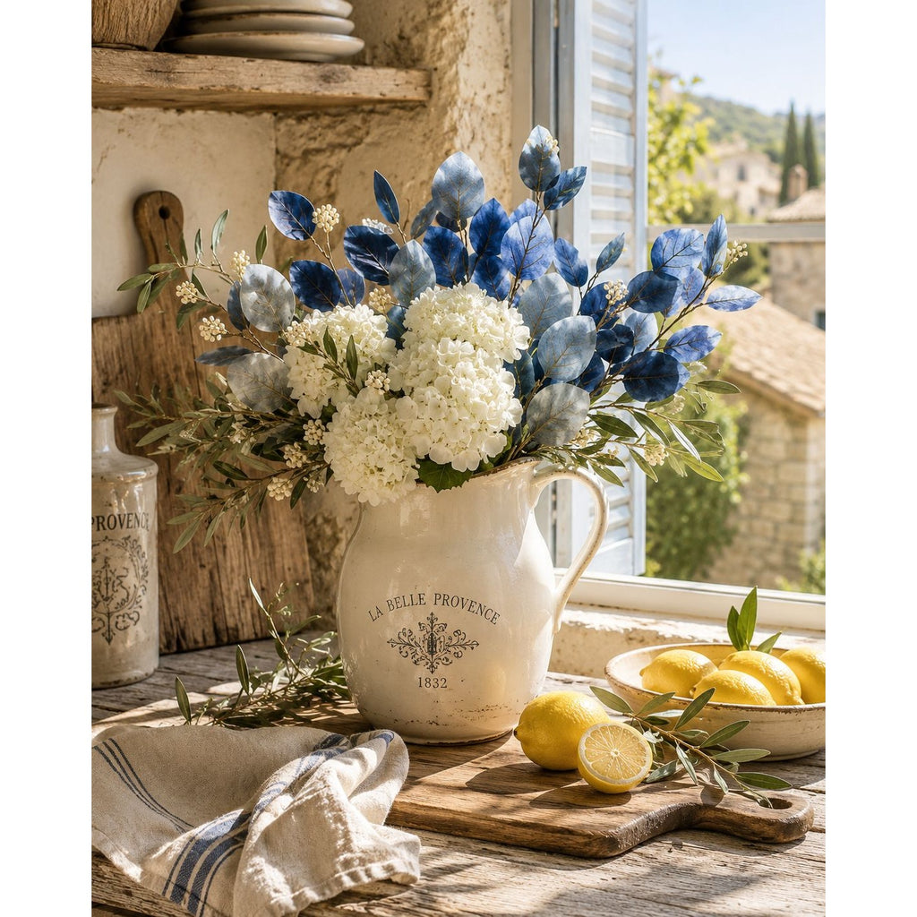 Blue Ombre Dollar Eucalyptus Stems Set of 2 | Faux Eucalyptus Branches | Artificial Greenery | Coastal French Country Decor