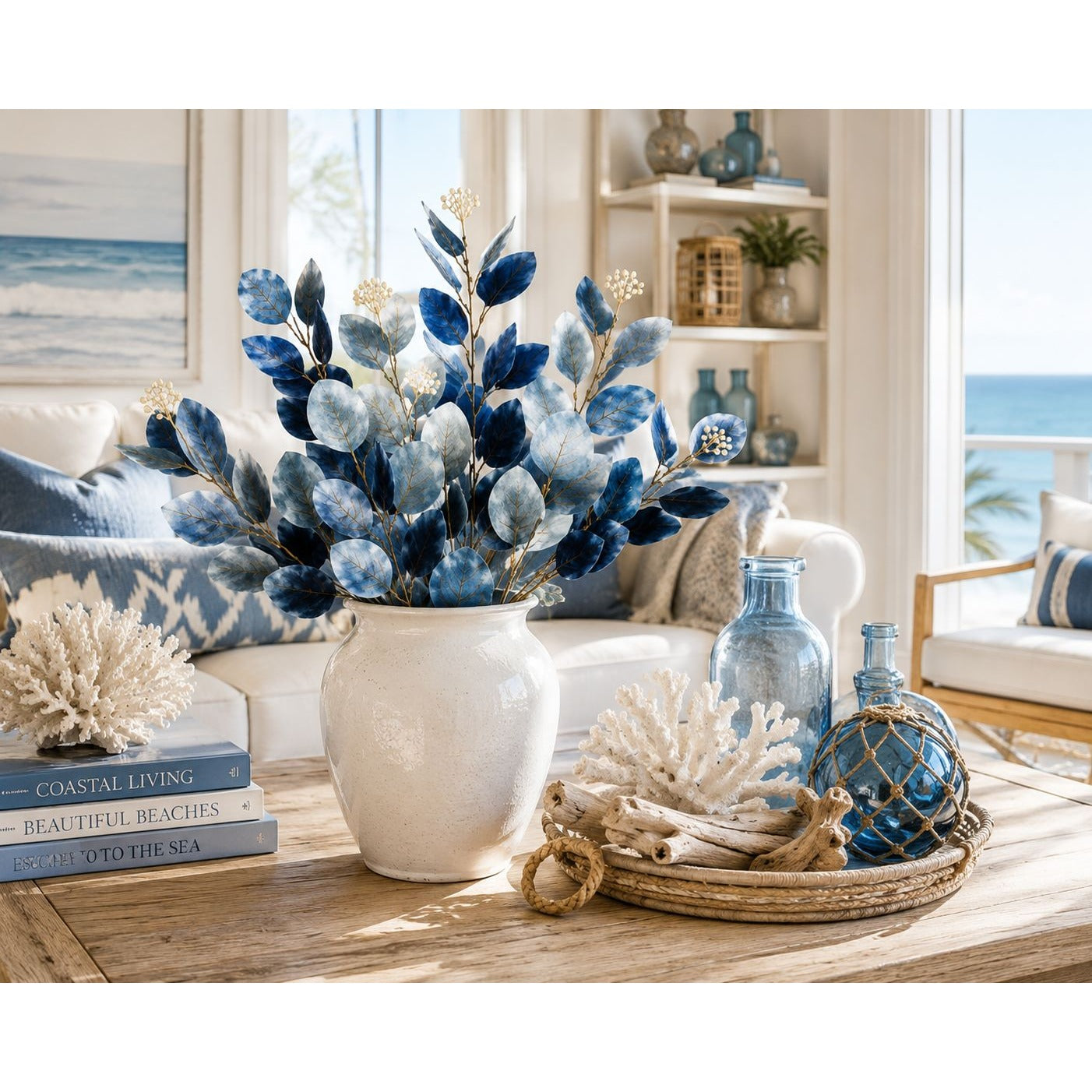 Blue Ombre Dollar Eucalyptus Stems Set of 2 | Faux Eucalyptus Branches | Artificial Greenery | Coastal French Country Decor
