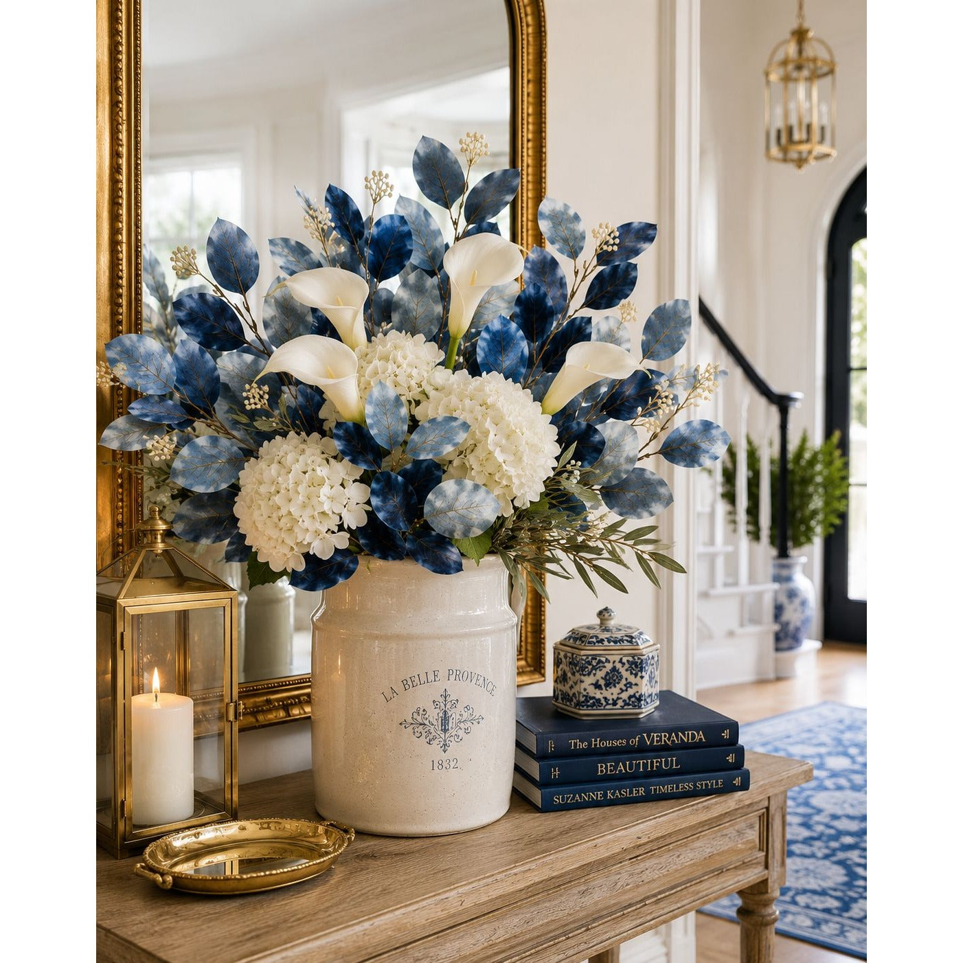 Blue Ombre Dollar Eucalyptus Stems Set of 2 | Faux Eucalyptus Branches | Artificial Greenery | Coastal French Country Decor