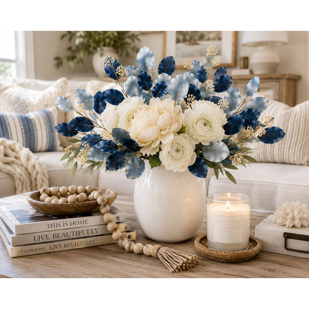 Blue Ombre Dollar Eucalyptus Stems Set of 2 | Faux Eucalyptus Branches | Artificial Greenery | Coastal French Country Decor