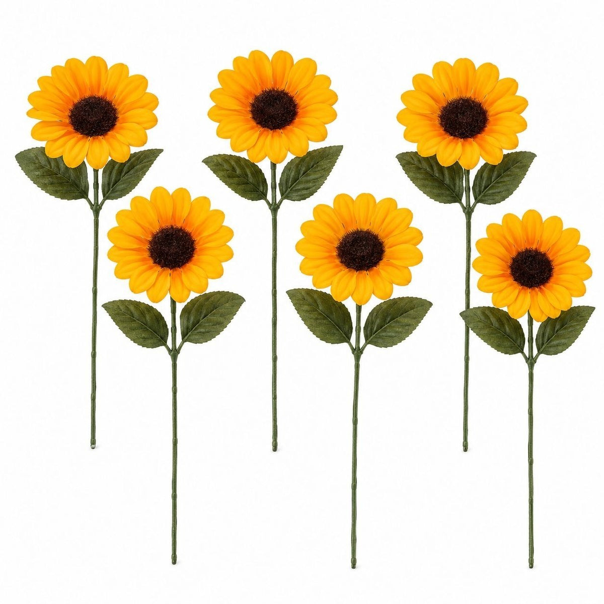 Six artificial sunflower stems with bright yellow petals, dark brown centers, and green leaves on a plain white background.