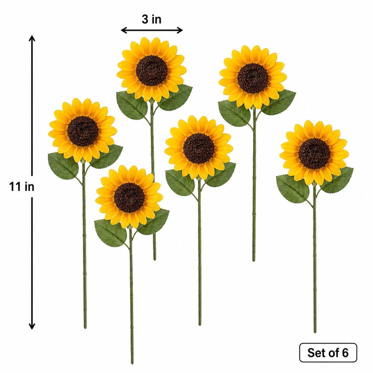 Six artificial sunflower garden stakes shown on a white background with height and width dimension arrows indicating 11 inches tall and 3 inches wide, with a 'Set of 6' label.