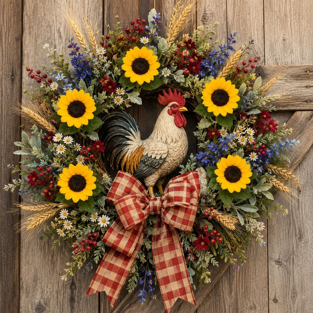 A rustic autumn-themed wreath featuring a decorative rooster figurine, bright yellow sunflowers, red berries, blue wildflowers, wheat stalks, and a large red-and-beige gingham bow, displayed against a weathered wood plank background.
