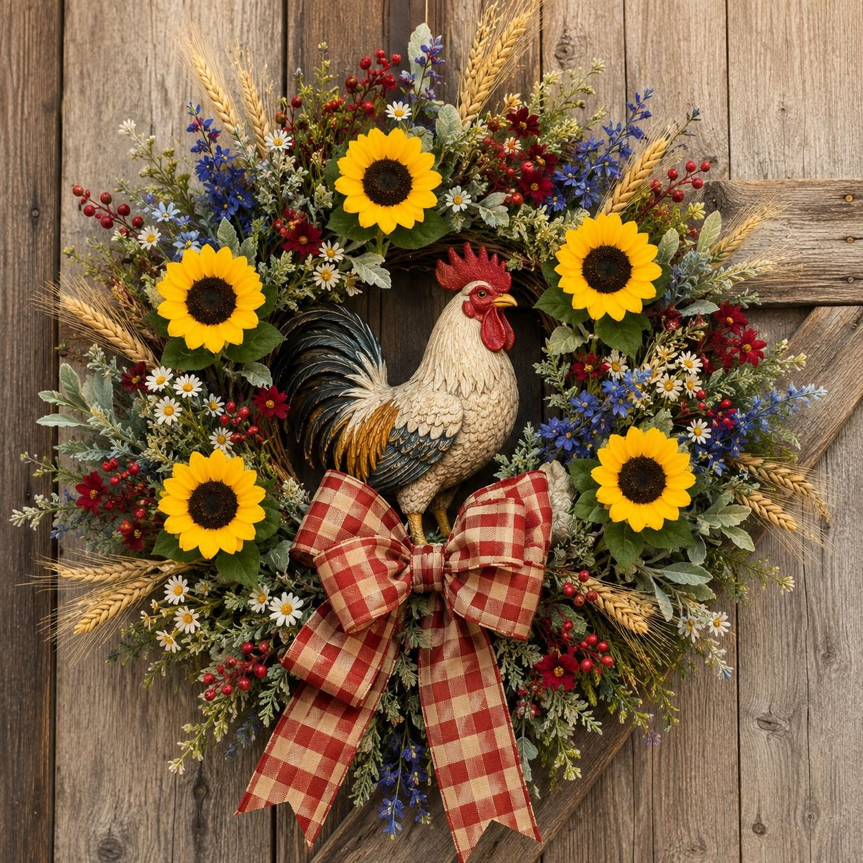 A rustic autumn-themed wreath featuring a decorative rooster figurine, bright yellow sunflowers, red berries, blue wildflowers, wheat stalks, and a large red-and-beige gingham bow, displayed against a weathered wood plank background.