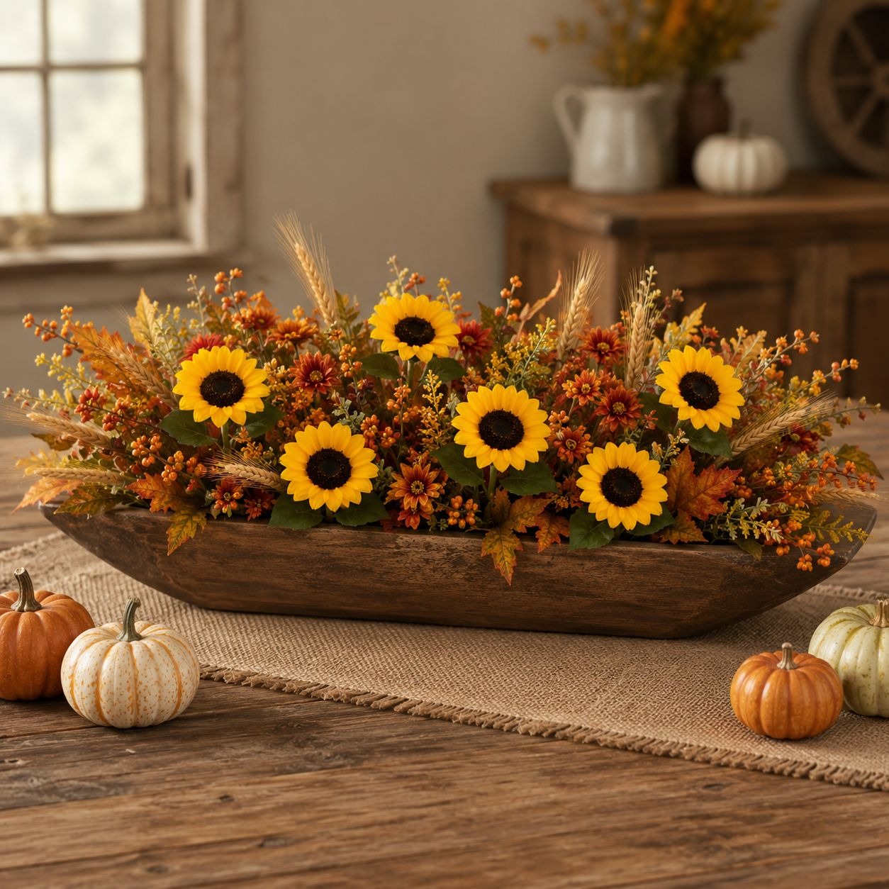 Autumn floral centerpiece in a rustic wooden boat-shaped planter, featuring sunflowers, orange berries, wheat, and fall leaves, styled on a burlap runner with small pumpkins on a wooden table.