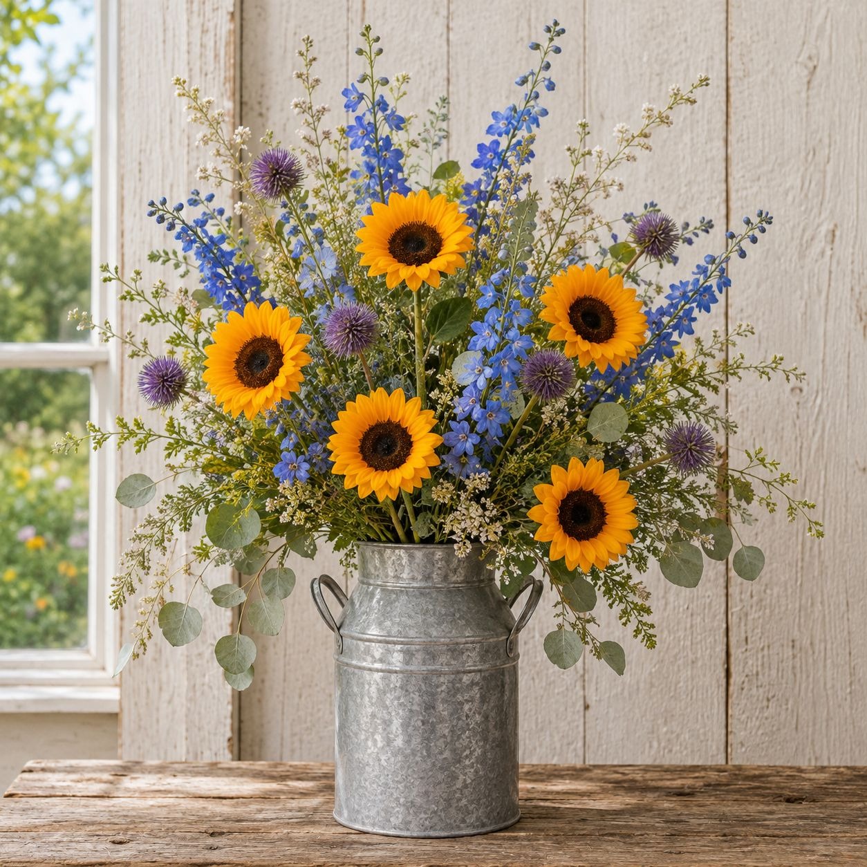 A rustic floral arrangement featuring bright yellow sunflowers, blue delphiniums, purple thistles, and green eucalyptus stems in a galvanized metal milk canister, displayed on a wooden table against a white wood paneled wall.