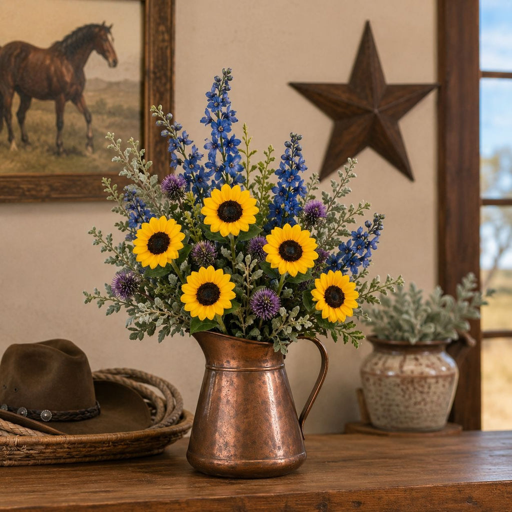 A rustic floral arrangement featuring bright yellow sunflowers, blue delphiniums, and purple flowers in a distressed copper pitcher, styled on a wooden table in a western-themed room.