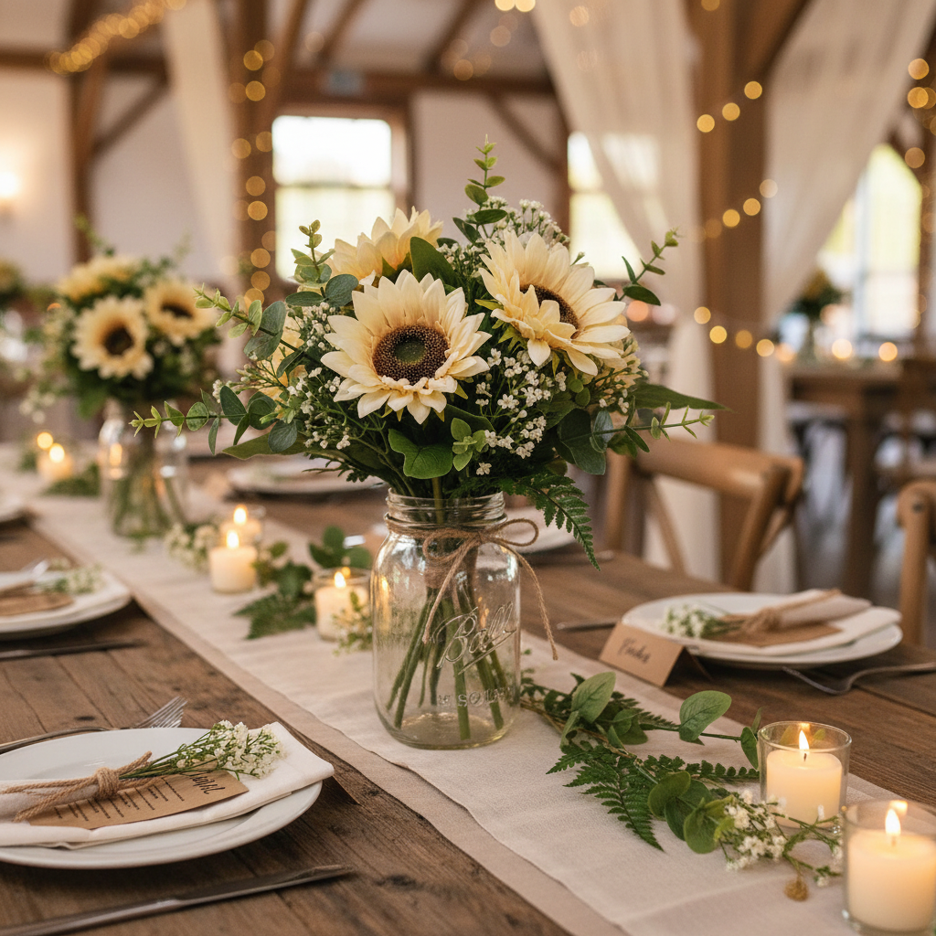 Wedding centerpiece with cream sunflowers
