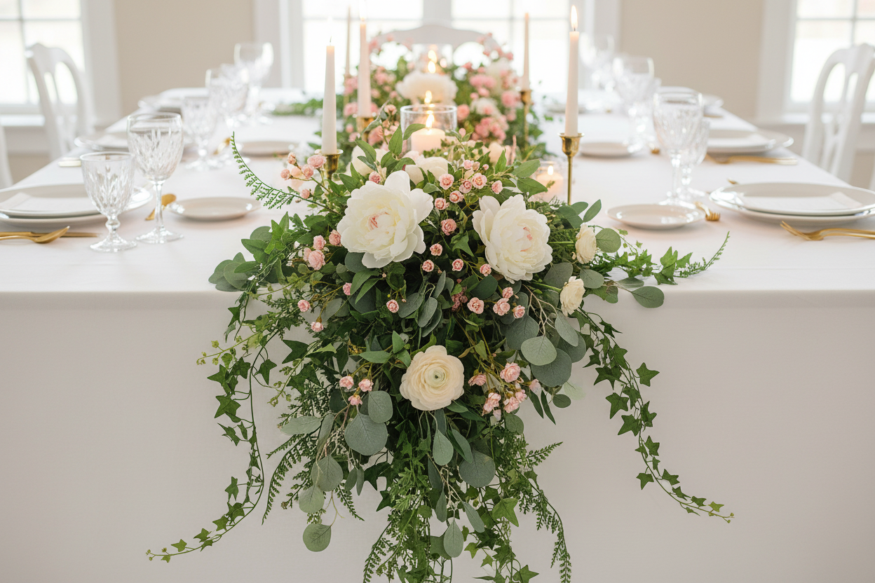 Wedding Table Runner — Tiny Pink Blooms as Filler