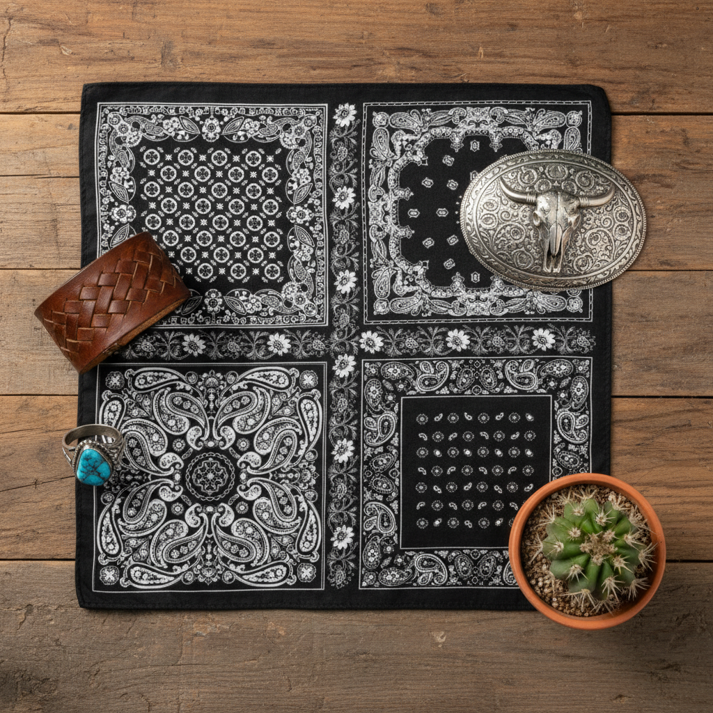 Black and white paisley western wild rag scarf flat lay on rustic wood with leather belt and wildflowers
